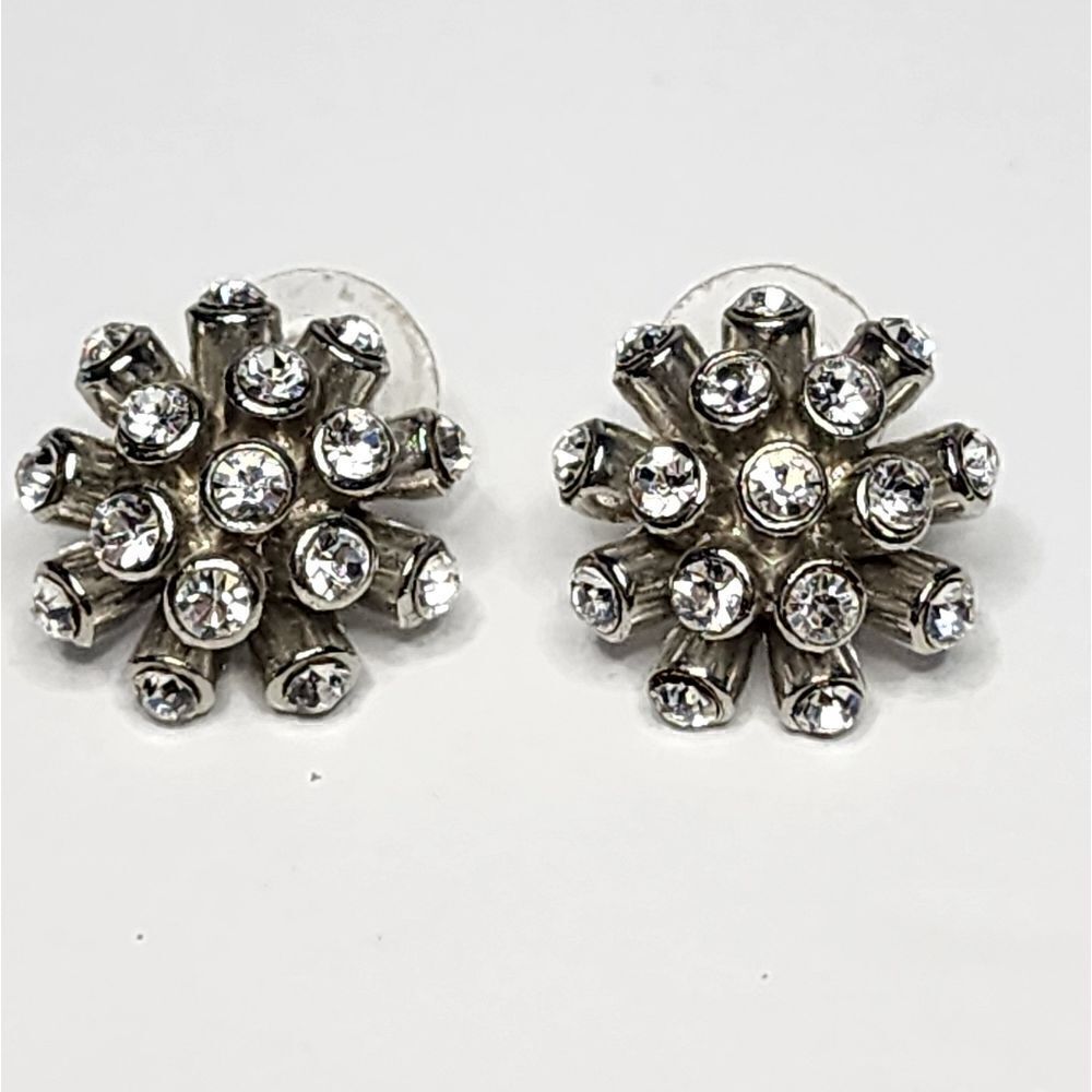 Vintage J. Crew Round White/Clear Crystal Flower Earrings